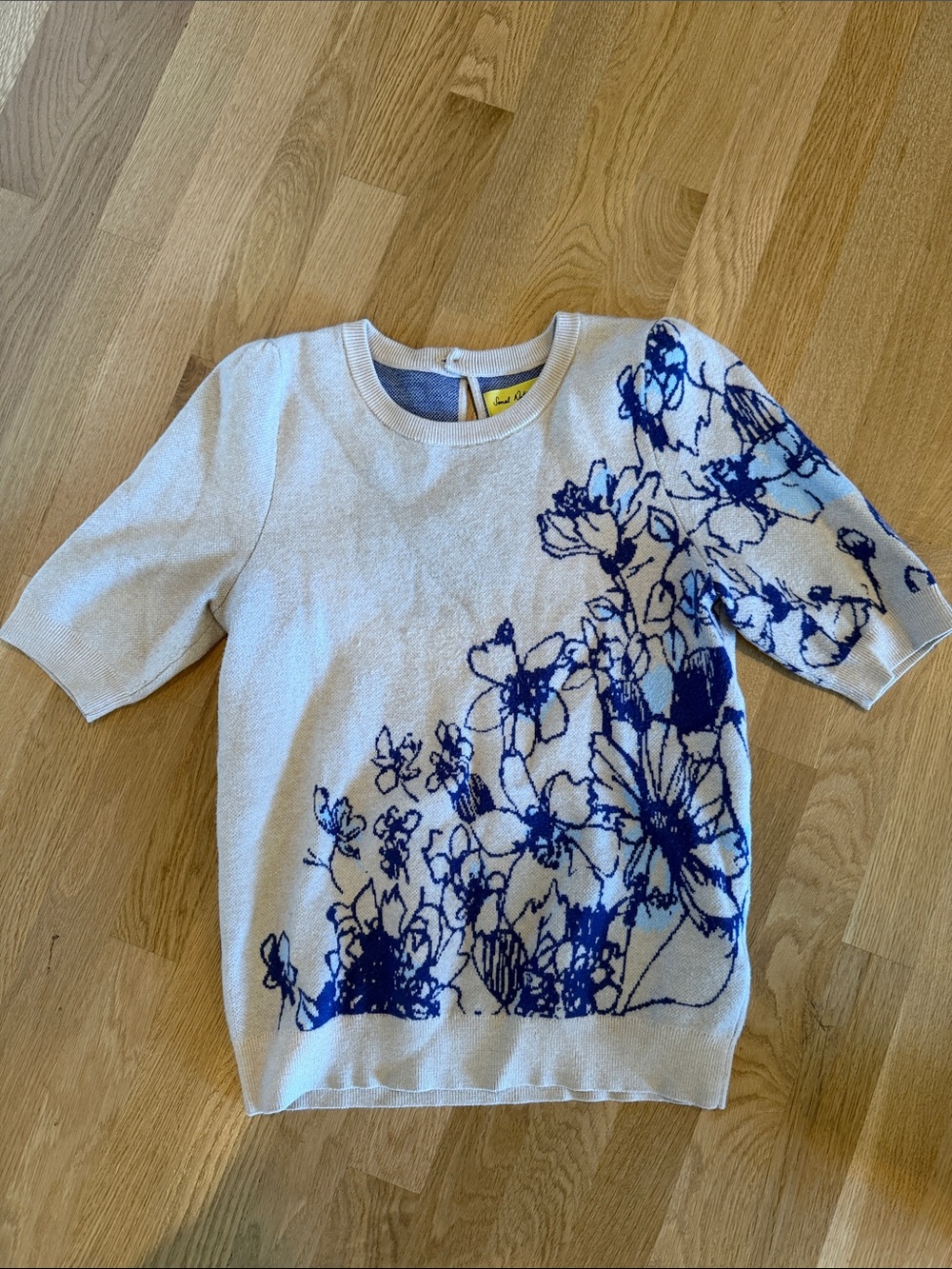 Maeve Cream Short-Sleeve Sweater Top with Blue Floral Print